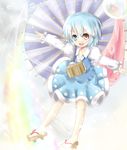  blue_eyes blue_hair geta heterochromia karakasa_obake non-nyo open_mouth outstretched_arms purple_umbrella rain red_eyes short_hair skirt smile solo tatara_kogasa tongue touhou umbrella 