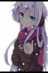  anceril_sacred bad_id bad_pixiv_id blue_eyes blush earmuffs hair_ornament hand_on_own_chest highres letterboxed long_hair looking_at_viewer mishima_kurone original pinky_out scarf shirokami_project silver_hair smile snow solo sweater upper_body 