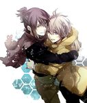  325_(im24) albino black_hair gloves hug jacket male_focus multiple_boys nezumi_(no.6) no.6 purple_eyes shion_(no.6) smile white_hair 