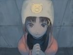  asymmetrical_hair brown_eyes brown_hair from_above hair_tie hands_clasped hat hood hoodie iwakura_lain komonkingeno looking_at_viewer own_hands_together serial_experiments_lain solo 
