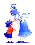 acrylic_paint_(medium) blue_hair child closed_eyes colored_pencil_(medium) dress hair_ornament hair_rings hair_stick hand_on_own_knee hat highres kaku_seiga leaning_forward miyako_yoshika multiple_girls ofuda outstretched_arms petting shawl shoes short_hair simple_background skirt smile star terrajin touhou traditional_media white_background younger zombie_pose 