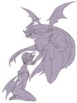  arms_behind_back bad_id bad_pixiv_id bare_shoulders bat_wings chin_grab closed_eyes demon demon_girl floating hair_over_eyes head_wings high_heels highres lilith_aensland long_hair monochrome morrigan_aensland multiple_girls poruhi profile shoes short_hair siblings simple_background sisters sitting vampire_(game) wings 