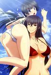  absurdres ass ass_grab bikini black_hair blue_eyes blush breasts carrying carrying_over_shoulder cleavage cloud day grabbing_another's_ass groping hand_on_ass hand_on_hip highres kawakami_momoyo large_breasts long_hair looking_back maji_de_watashi_ni_koi_shinasai! mayuzumi_yukie midriff multiple_girls navel non-web_source nyantype official_art open_mouth outdoors ponytail red_eyes scan sky smile swimsuit take_it_home very_long_hair watanabe_mayumi water yuri 