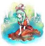  aqua_eyes between_thighs boots bow dress flower frills front_ponytail green_hair hair_bow kagiyama_hina mugishima ribbon sitting solo submerged touhou tree wariza water wet wet_clothes 