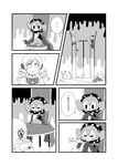  1girl ? blush_stickers box cape chair charlotte_(madoka_magica) comic drill_hair fakkuma greyscale highres mahou_shoujo_madoka_magica monochrome school_uniform shirt sitting table tomoe_mami translated twin_drills twintails witch's_labyrinth 