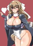  aoi_kimi blush breasts brown_hair cleavage fingerless_gloves gloves heart kyoukai_senjou_no_horizon kyoukaisenjou_no_horizon legs long_hair solo very_long_hair wink 