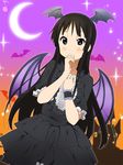  akiyama_mio bat_wings black_dress black_eyes black_hair covering covering_mouth crescent_moon dress frills gathers hairband halloween hand_on_own_chest head_wings k-on! kisuke_(akutamu) long_hair moon solo wings wrist_cuffs 