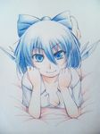  barefoot blue_eyes blue_hair bow chin_rest cirno collarbone commentary_request hair_bow hayashi_custom highres looking_at_viewer lying on_stomach shirt short_hair smile solo touhou traditional_media wings 