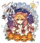  2011 96mame bat blonde_hair cat dated ghost halloween happy_halloween hat hat_with_ears heterochromia kagamine_len male_focus moon musical_note open_mouth polearm pumpkin solo top_hat trick_or_treat trident vocaloid weapon 