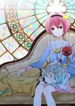  aqua_hair bad_id bad_pixiv_id closed_eyes collarbone couch hairband heart highres komeiji_koishi komeiji_satori lap_pillow lying multiple_girls no_hat no_headwear pink_hair red_eyes short_hair siblings sisters smile stained_glass tears third_eye touhou yamada_ranga 