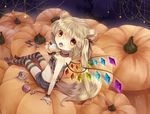  animal_ears arm_support bad_id bad_pixiv_id blonde_hair blush cake candy collar ear_piercing fang flandre_scarlet food food_on_face from_above fruit hair_ribbon halloween highres lollipop looking_up open_mouth piercing pumpkin red_eyes ribbon short_hair shorts side_ponytail sitting solo spiked_collar spikes star strawberry striped striped_legwear sweets swirl_lollipop tail tepes thighhighs touhou wings wrist_cuffs 