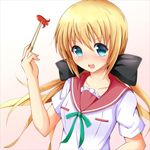  blonde_hair blue_eyes blush borrowed_character bow chopsticks collarbone face food gradient gradient_background hair_bow highres kuu_(agekichi) long_hair ok-ray open_mouth original school_uniform solo tako-san_wiener upper_body 