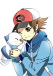  baseball_cap boy brown_eyes brown_hair character_request hat male male_focus miyu_(artist) one_eye_closed oshawott pokemon pokemon_(game) pokemon_black_and_white pokemon_bw touya_(pokemon) wink 