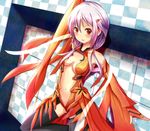  arm_up bare_shoulders black_legwear blush breasts center_opening checkered checkered_background cleavage elbow_gloves fingerless_gloves gloves guilty_crown hair_ornament hairclip lavender_hair long_hair looking_at_viewer navel ok-ray red_eyes small_breasts solo thighhighs yuzuriha_inori 
