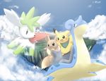  bandana bandanna chunsoft cloud clouds eevee fushigi_no_dungeon lapras mystery_dungeon no_humans open_mouth pikachu pokemon shaymin sky smile water 