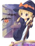  bad_id bad_pixiv_id bat blonde_hair blush book bookshelf bow brown_eyes candy candy_cane food halloween hat hat_bow jack-o'-lantern looking_back okiami original ponytail pumpkin short_hair solo stick witch witch_hat 