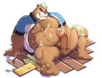  2017 5_fingers 5_toes anthro ashigara balls barefoot belly big_belly big_penis body_hair bottomless brown_fur chest_hair clothed clothing cum cum_on_self cumshot danuelragon34 ejaculation erection fur humanoid_penis jacket male mammal masturbation mohawk musclegut muscular muscular_male nipples one_eye_closed open_shirt orgasm overweight overweight_male pecs penile_masturbation penis shirt sitting slightly_chubby solo toes tokyo_afterschool_summoners tongue tongue_out ursine video_games 