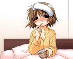  aoki_ume bed blush brown_hair fever food hair_ornament hairclip hidamari_sketch highres ice_cream non-web_source official_art pajamas pillow short_hair solo towel towel_on_head x_hair_ornament yuno 