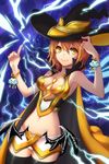  bittersweet_(dalcoms) blonde_hair bracelet breasts cape cleavage electricity hat jewelry lowres medium_breasts miniskirt navel necktie panties parfunte pointing short_hair skirt smile solo sword_girls thighhighs underwear wings witch witch_hat yellow_eyes 