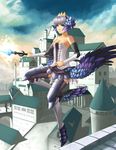  armor armored_dress bare_shoulders blue_eyes building dress gwendolyn highres locke20 low_wings odin_sphere polearm silver_hair solo spear strapless strapless_dress weapon wings 