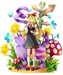  alice_in_wonderland bell blonde_hair blue_eyes bow cat dress flower long_hair mushroom ririkuto solo 