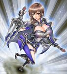  1girl armor breasts brown_eyes brown_hair cleavage earrings jewelry large_breasts long_hair sai_(weapon) shin_sangoku_musou solo wang_yi 