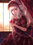 alcohol bad_id bad_pixiv_id blue_eyes cleavage_cutout colored_eyelashes cup drinking_glass facial_mark flower hat heterochromia jname lips original purple_eyes silver_hair solo wine wine_glass 
