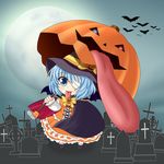  alternate_costume b.leaf bandages bat blue_eyes blue_hair bow cape cross dress full_moon graveyard halloween hat highres jack-o'-lantern karakasa_obake moon open_mouth pumpkin scar short_hair smile solo tatara_kogasa tombstone tongue touhou umbrella witch_hat 