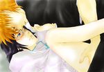  2boys black_hair bleach blue_eyes blush bottomless ishida_uryuu kurosaki_ichigo lying male male_focus multiple_boys on_back orange_eyes orange_hair robe shirt tsuna_58 white_shirt yaoi 