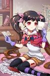  artist_request black_hair blush book brown_hair crescent_maze cropped_jacket earrings feathers flat_chest gloves jewelry long_hair lowres markings multicolored_hair paper red_eyes shorts sitting smile solo striped striped_legwear sword_girls thighhighs twintails 