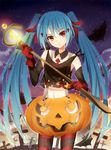  aqua_hair bat bison_cangshu cross elbow_gloves gloves hair_ribbon halloween hatsune_miku head_tilt jack-o'-lantern jewelry long_hair midriff naked_pumpkin navel necklace night night_sky pumpkin pumpkin_costume red_eyes ribbon sky solo staff striped striped_legwear suspenders thighhighs twintails very_long_hair vocaloid 