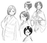  black_hair character_sheet copyright_request face greyscale japanese_clothes kimono minato_fumi monochrome short_hair sketch smile 