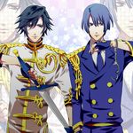  black_hair blue_hair cuffs fingerless_gloves gakkugakunisite gloves handcuffs hijirikawa_masato ichinose_tokiya male_focus multiple_boys uniform uta_no_prince-sama zoom_layer 