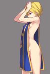  bad_id bad_pixiv_id blonde_hair breasts earrings fukayama genderswap genderswap_(mtf) grey_background hip_bones hunter_x_hunter jewelry kurapika naked_tabard nude revealing_clothes robe short_hair sideboob small_breasts tabard 