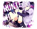  copyright_name hands_clasped hunter_x_hunter killua_zoldyck long_sleeves male_focus own_hands_together purple_eyes short_over_long_sleeves short_sleeves silver_hair solo washi_(micino) 