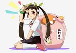  backpack bad_id bad_pixiv_id bag bakemonogatari black_hair blush_stickers hachikuji_mayoi highres kiyukiyutan long_hair monogatari_(series) red_eyes sitting smile solo twintails wariza 