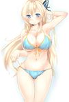  armpits ass_visible_through_thighs bikini blonde_hair blue_bikini blue_eyes boku_wa_tomodachi_ga_sukunai breasts butterfly_hair_ornament cleavage curvy front-tie_top groin hair_ornament hand_in_hair highres hips kashiwazaki_sena large_breasts long_hair navel side-tie_bikini simple_background solo standing swimsuit thigh_gap tomohiro_kai underboob wet wide_hips 