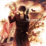  1girl ao_no_exorcist bad_id bad_pixiv_id black_hair blonde_hair branch camellia cat couple flower hair_flower hair_ornament hand_in_pocket headdress hetero holding_hands japanese_clothes kimono mg_(mica) miyama-uguisu_monaka miyama-uguisu_tei_jiken moriyama_shiemi necktie okumura_rin open_mouth sandals short_hair sitting smile standing trench_coat yoru 