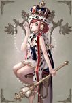  :o arm_up bare_legs barefoot beads blue_eyes bobo1983 breasts cleavage crown dress hair_ornament head_tilt highres jewelry looking_at_viewer one_eye_closed open_mouth original red_hair scepter short_hair signature sitting small_breasts solo throne 