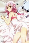  absurdres bed_sheet bra german guilty_crown highres kikuchi_satonobu lingerie long_hair looking_at_viewer lying megami non-web_source official_art on_stomach pink_hair ponytail red_eyes solo translated under_covers underwear yuzuriha_inori 