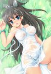  antenna_hair bare_shoulders black_hair blue_eyes blush bracelet breasts collarbone dress fang ganaha_hibiki grass idolmaster idolmaster_(classic) jewelry long_hair looking_at_viewer lying medium_breasts on_back open_mouth see-through sen_(astronomy) solo 