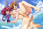  :d absurdres amitie_florian back-to-back bandeau barefoot bikini braid brown_hair cloud day feet hairband highres jewelry legs locked_arms lyrical_nanoha mahou_shoujo_lyrical_nanoha mahou_shoujo_lyrical_nanoha_a's mahou_shoujo_lyrical_nanoha_a's_portable:_the_gears_of_destiny moon multiple_girls necklace non-web_source nyantype ocean official_art open_mouth outdoors shinozaki_akira short_twintails sky smile soles swimsuit takamachi_nanoha toes twintails water wet 