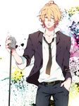  ahoge belt blonde_hair green_eyes looking_at_viewer male_focus microphone microphone_stand necktie shinomiya_satsuki solo uta_no_prince-sama yuzumame 