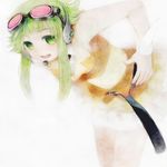  goggles goggles_on_head green_eyes green_hair gumi leaning_forward noe_yuuhi open_mouth short_hair short_hair_with_long_locks sidelocks smile solo vocaloid 