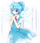  amaoto_sanba blue_dress blue_eyes blue_hair bow cirno dress hair_bow shirt smile solo touhou wings 