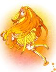  bad_id bad_pixiv_id blonde_hair boots bow bubble_skirt choker circlet cure_muse_(yellow) frills full_body gathers gradient_hair hair_ribbon heart knee_boots long_hair magical_girl mero_(0g0dam) multicolored_hair orange_(color) orange_background orange_hair precure red_eyes ribbon shirabe_ako skirt smile solo suite_precure yellow_bow yellow_choker yellow_skirt 