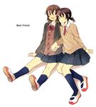  blush brown_eyes brown_hair cardigan hachiko_(hati12) holding_hands kneehighs multiple_girls necktie original ponytail school_uniform shoes skirt smile sweater uwabaki 