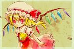  blonde_hair dress flandre_scarlet hat necktie red_dress red_eyes short_hair side_ponytail solo touhou wagaeshi wings 