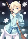  animal_ears bad_id bad_pixiv_id blonde_hair blue_eyes blush brave_witches breasts breath broom kyougoku_shin medium_breasts night night_sky nikka_edvardine_katajainen pantyhose pouch short_hair sky snow snowflakes solo star_(sky) starry_sky sweater tail white_legwear world_witches_series 