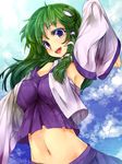 arm_up armpits blue_eyes blue_sky breasts cloud day detached_sleeves floral_print frog green_hair hair_ornament highres kochiya_sanae long_hair medium_breasts midriff navel open_mouth shirt skirt sky smile snake solo touhou ukyo_rst vest 